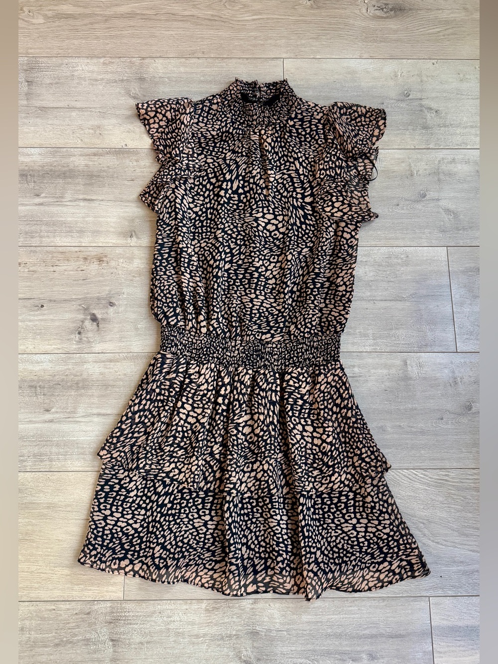 1. State Black and Beige Smocked Waist Leopard-Print Mini Dress